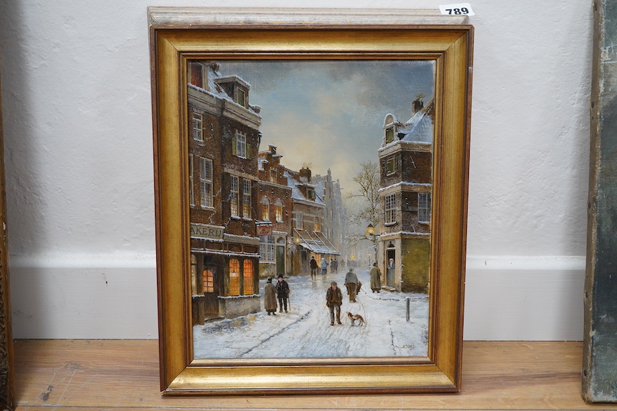 Essel, late 20th century, oil on canvas, Winter Street scene, 30 cm x 24cm. Condition - fair to good